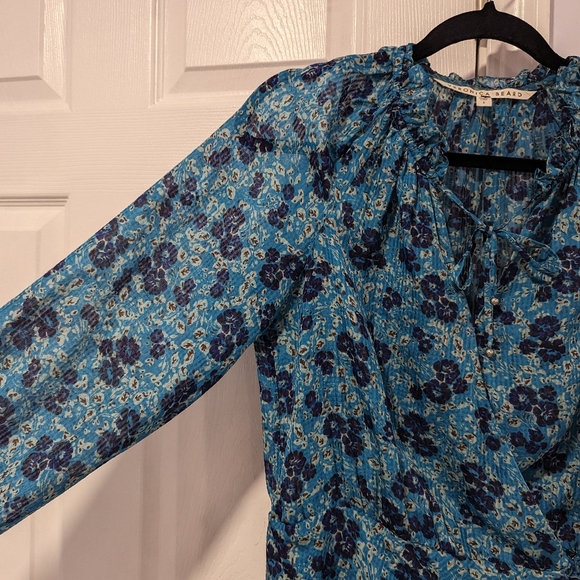 VERONICA BEARD Turquoise Blue Floral Print BECKY Silk Ruffle Ruched Dress - Picture 13 of 16